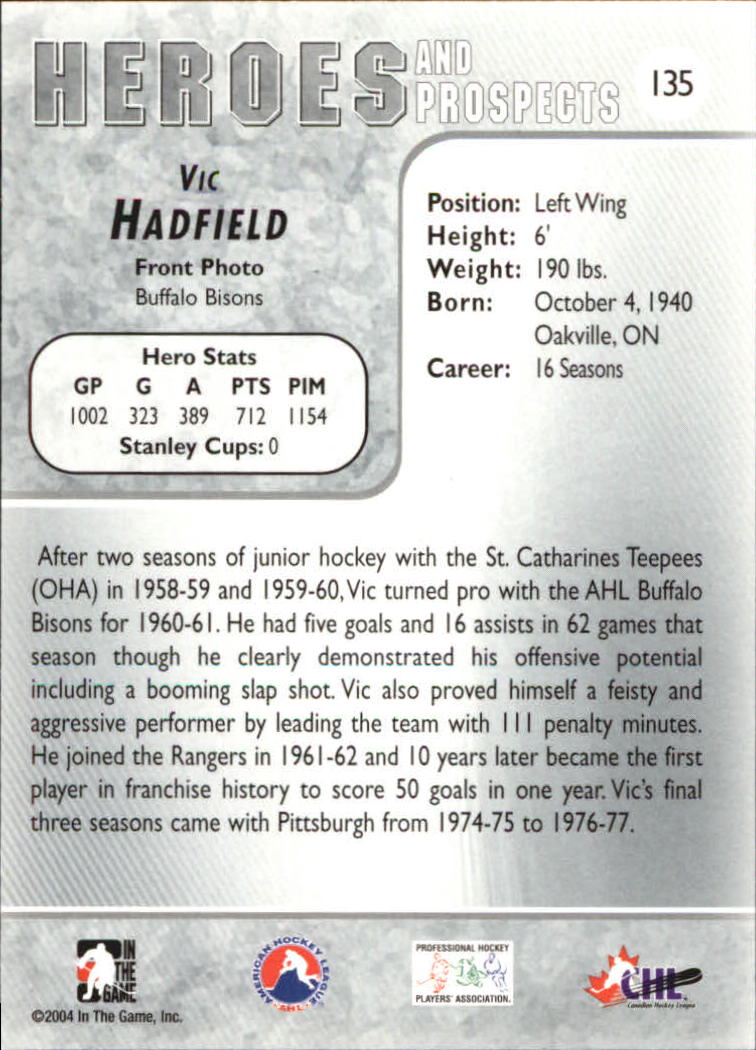 2004-05 ITG Heroes and Prospects #135 Vic Hadfield back image