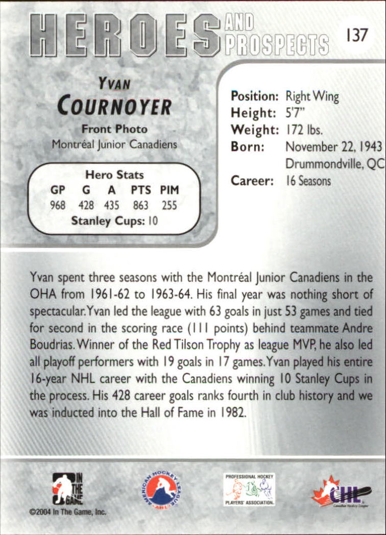 2004-05 ITG Heroes and Prospects #137 Yvan Cournoyer back image