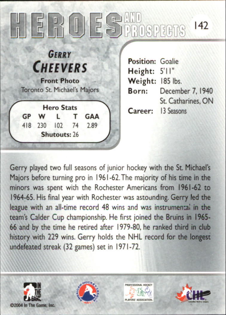 2004-05 ITG Heroes and Prospects #142 Gerry Cheevers back image