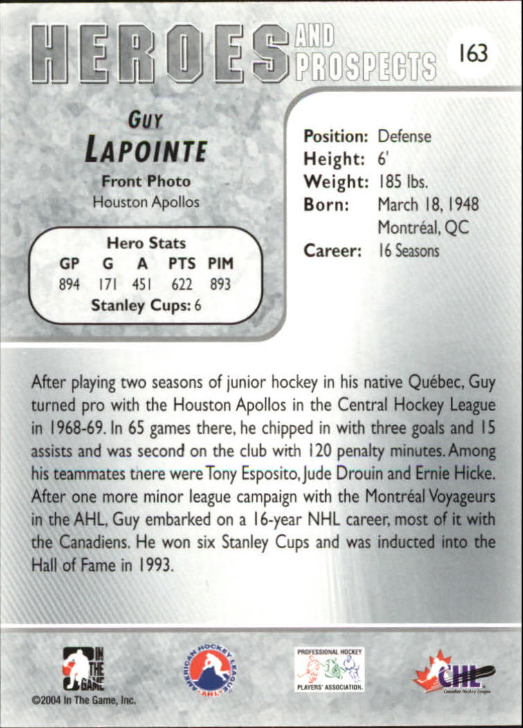 2004-05 ITG Heroes and Prospects #163 Guy Lapointe back image