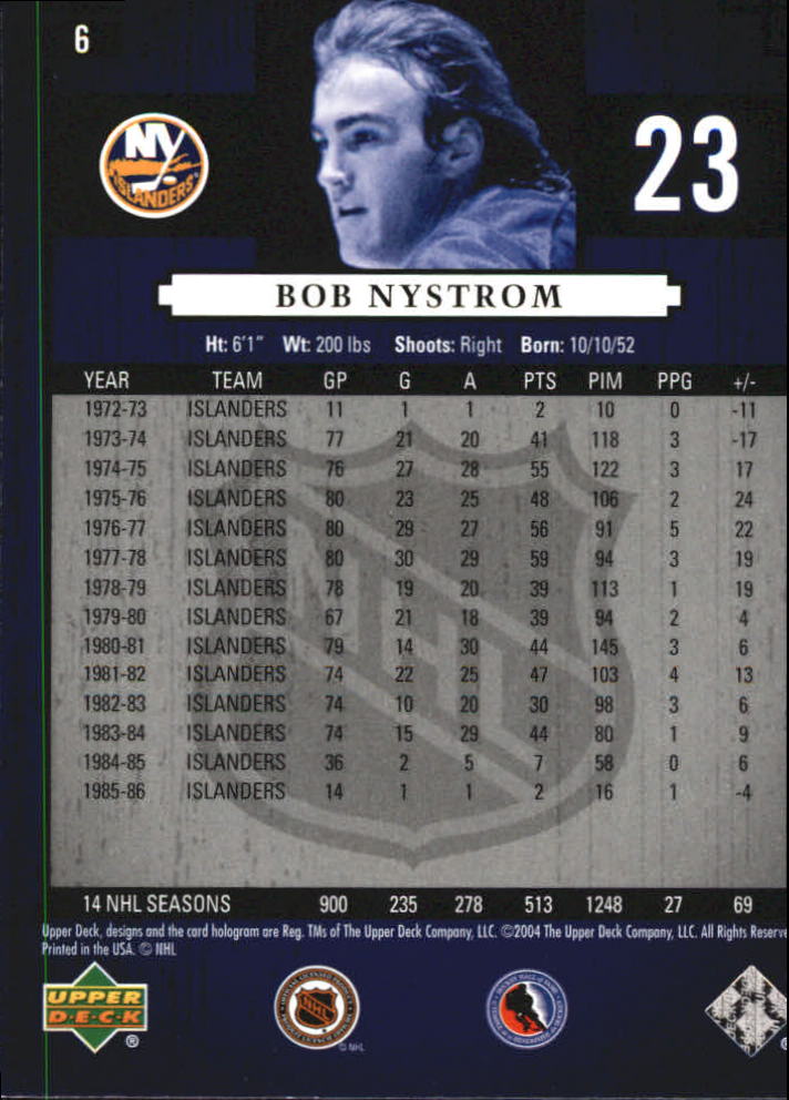 2004-05 UD Legends Classics #6 Bob Nystrom back image