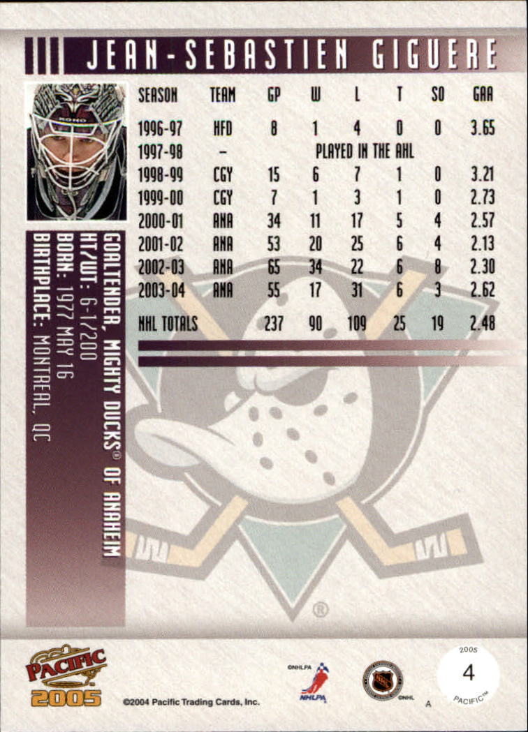 2004-05 Pacific #4 Jean-Sebastien Giguere back image