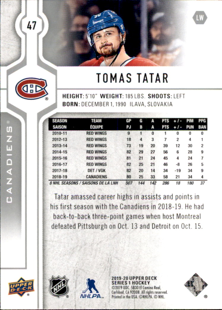2019-20 Upper Deck #47 Tomas Tatar back image