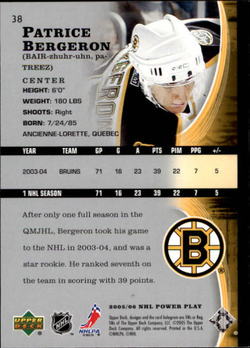 2005-06 Upper Deck Power Play #38 Patrice Bergeron back image