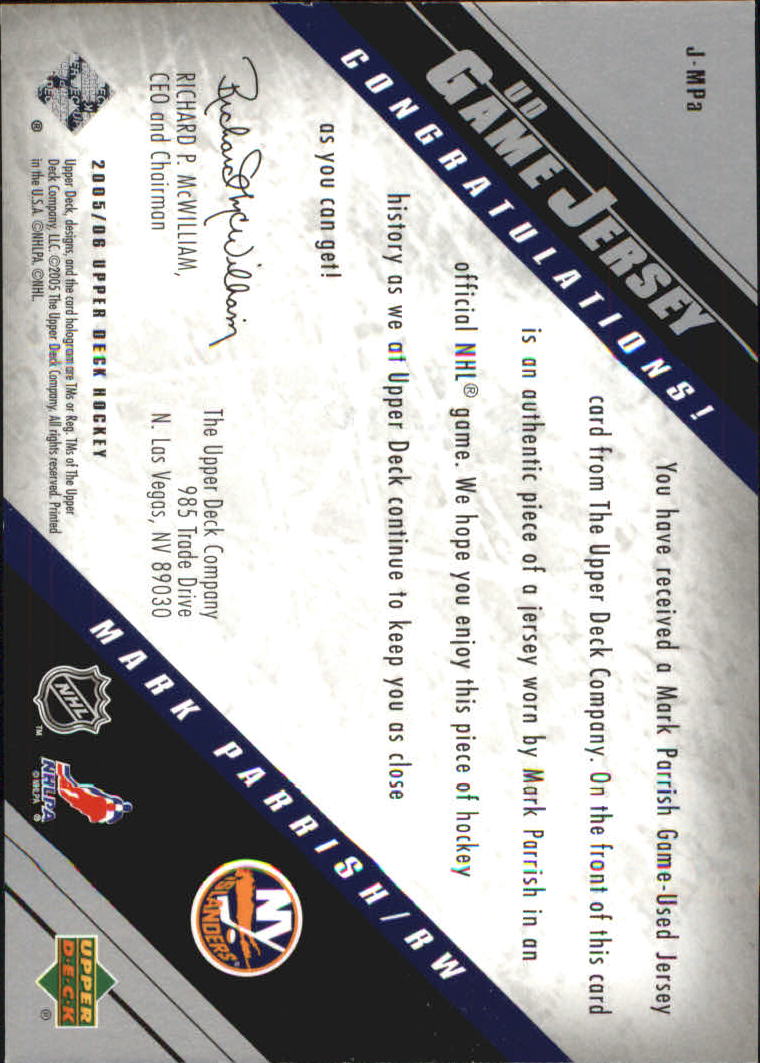 2005-06 Upper Deck Jerseys #JMPA Mark Parrish back image