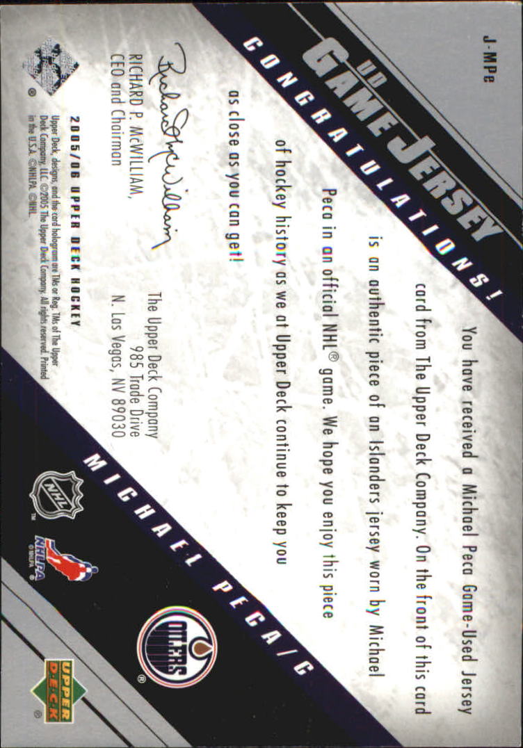 2005-06 Upper Deck Jerseys #JMPE Michael Peca back image