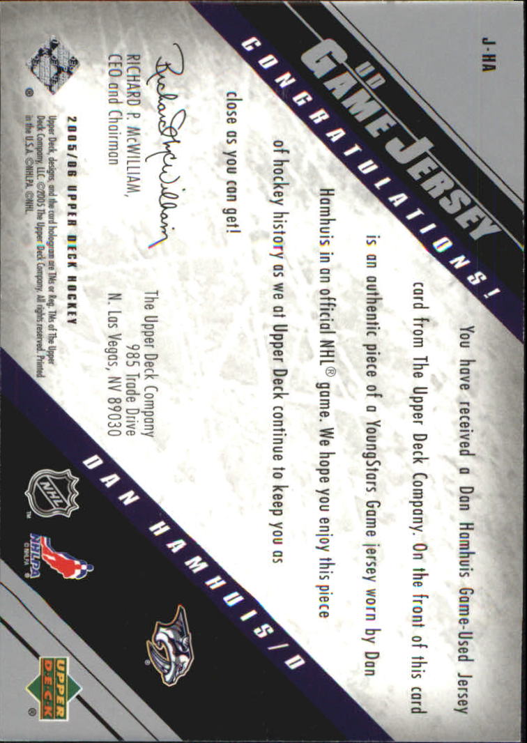 2005-06 Upper Deck Jerseys #JHA Dan Hamhuis back image