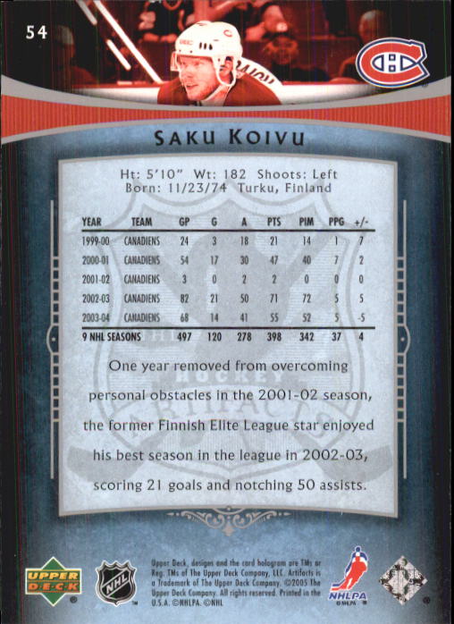2005-06 Artifacts #54 Saku Koivu back image