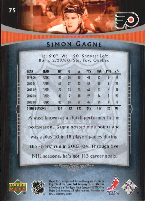 2005-06 Artifacts #75 Simon Gagne back image