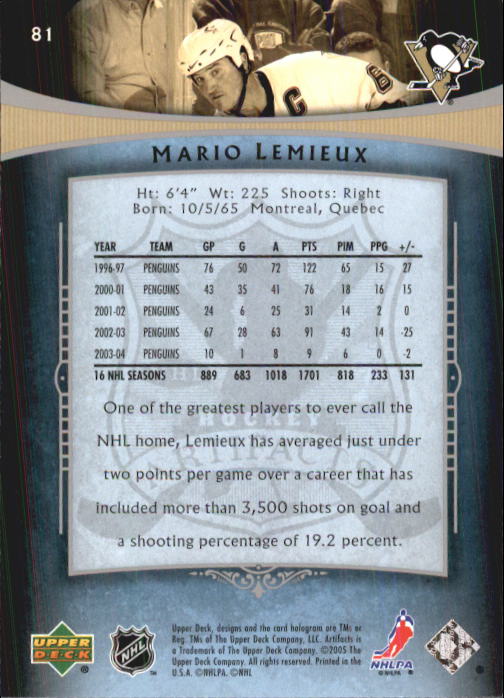 2005-06 Artifacts #81 Mario Lemieux back image