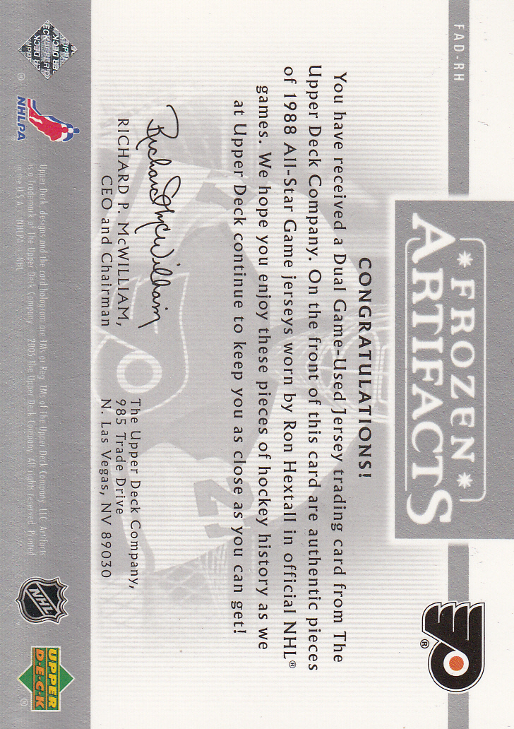 2005-06 Artifacts Frozen Artifacts Dual Silver #FADRH Ron Hextall back image