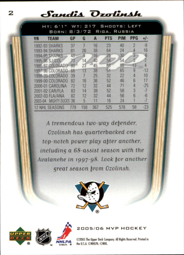 2005-06 Upper Deck MVP #2 Sandis Ozolinsh back image