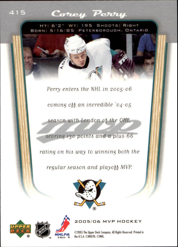 2005-06 Upper Deck MVP #415 Corey Perry RC back image