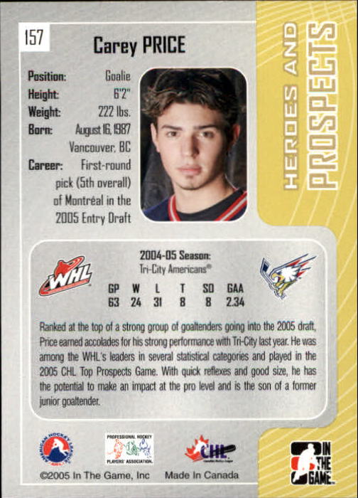 2005-06 ITG Heroes and Prospects #157 Carey Price back image