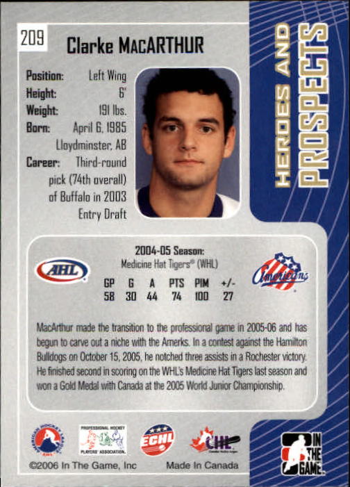 2005-06 ITG Heroes and Prospects #209 Clarke MacArthur back image