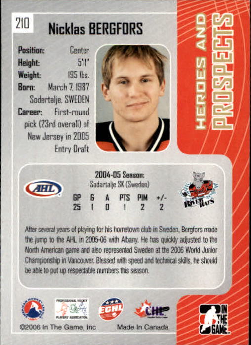 2005-06 ITG Heroes and Prospects #210 Nicklas Bergfors back image