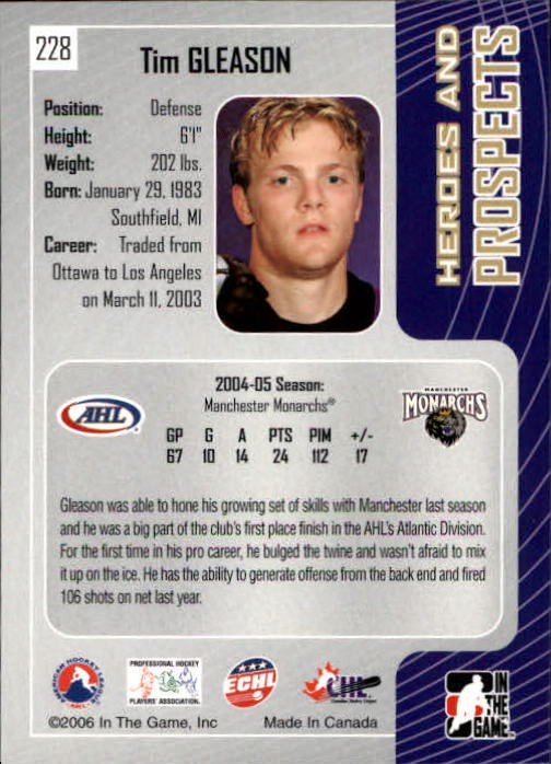 2005-06 ITG Heroes and Prospects #228 Tim Gleason back image