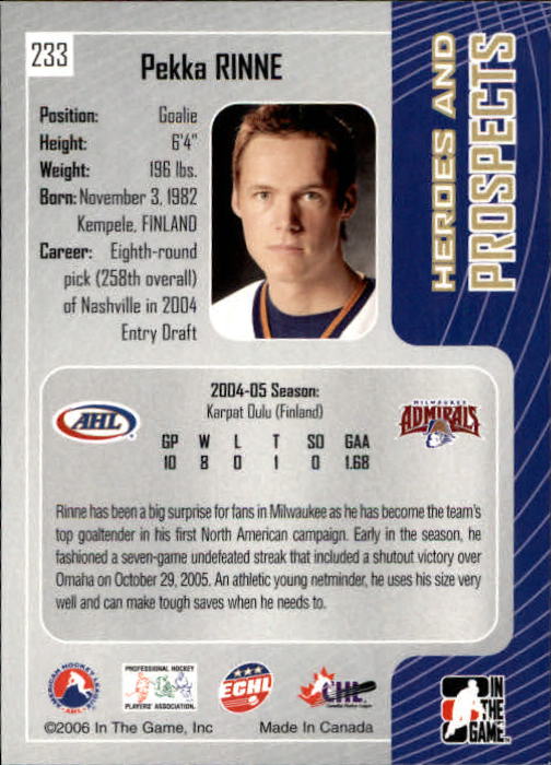 2005-06 ITG Heroes and Prospects #233 Pekka Rinne back image