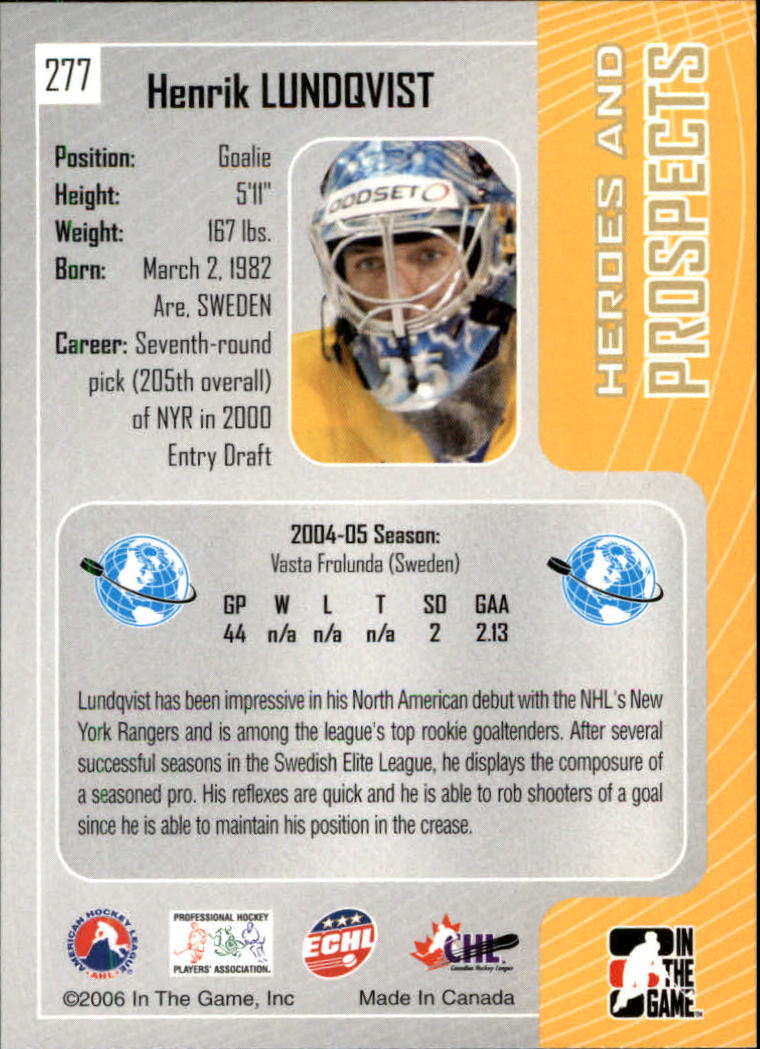 2005-06 ITG Heroes and Prospects #277 Henrik Lundqvist back image