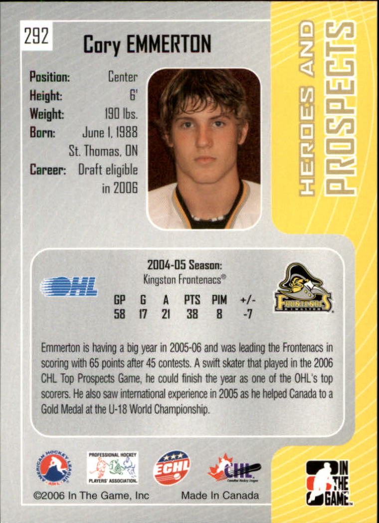 2005-06 ITG Heroes and Prospects #292 Cory Emmerton back image