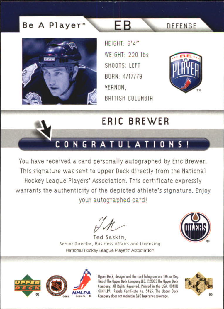 2005-06 Be A Player Signatures #EB Eric Brewer back image