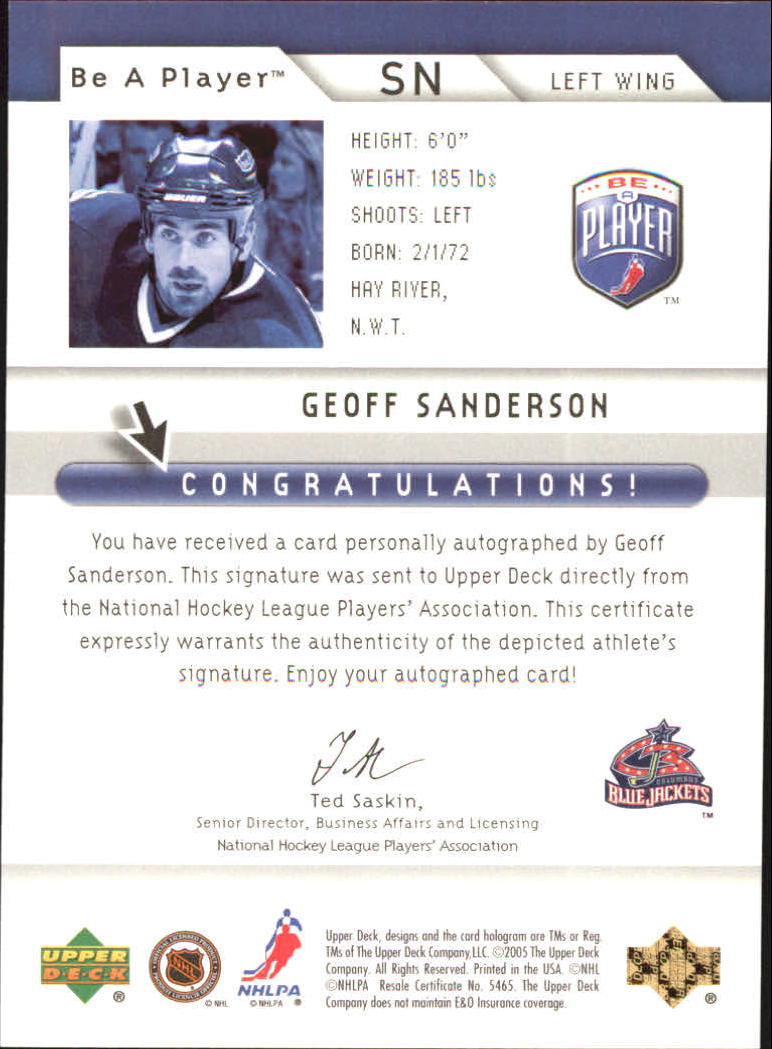 2005-06 Be A Player Signatures #SN Geoff Sanderson back image