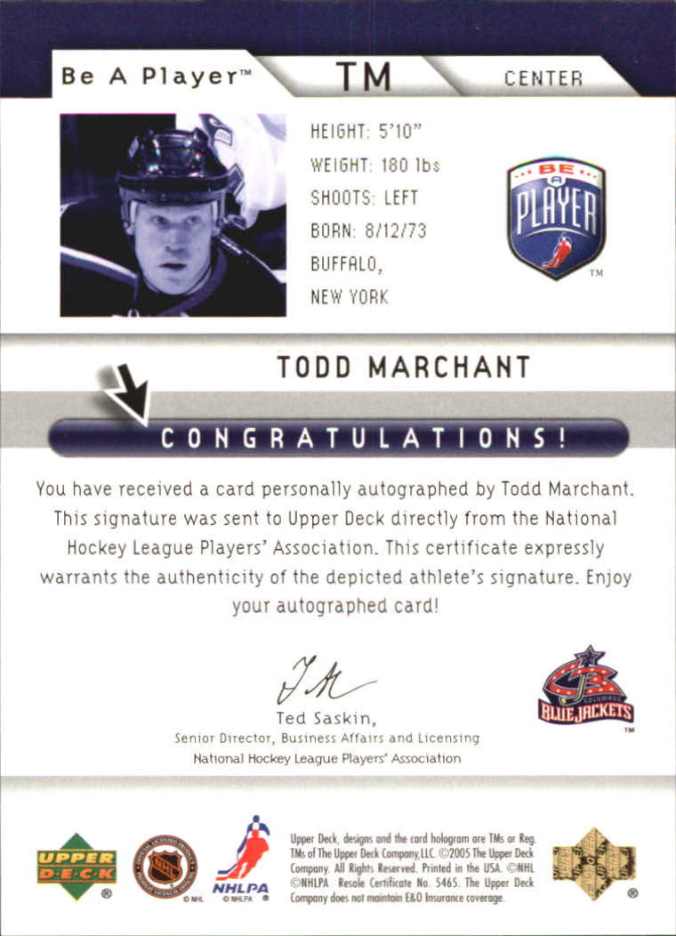2005-06 Be A Player Signatures #TM Todd Marchant back image