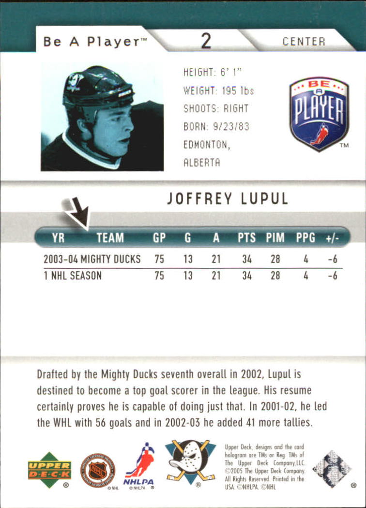 2005-06 Be A Player #2 Joffrey Lupul back image