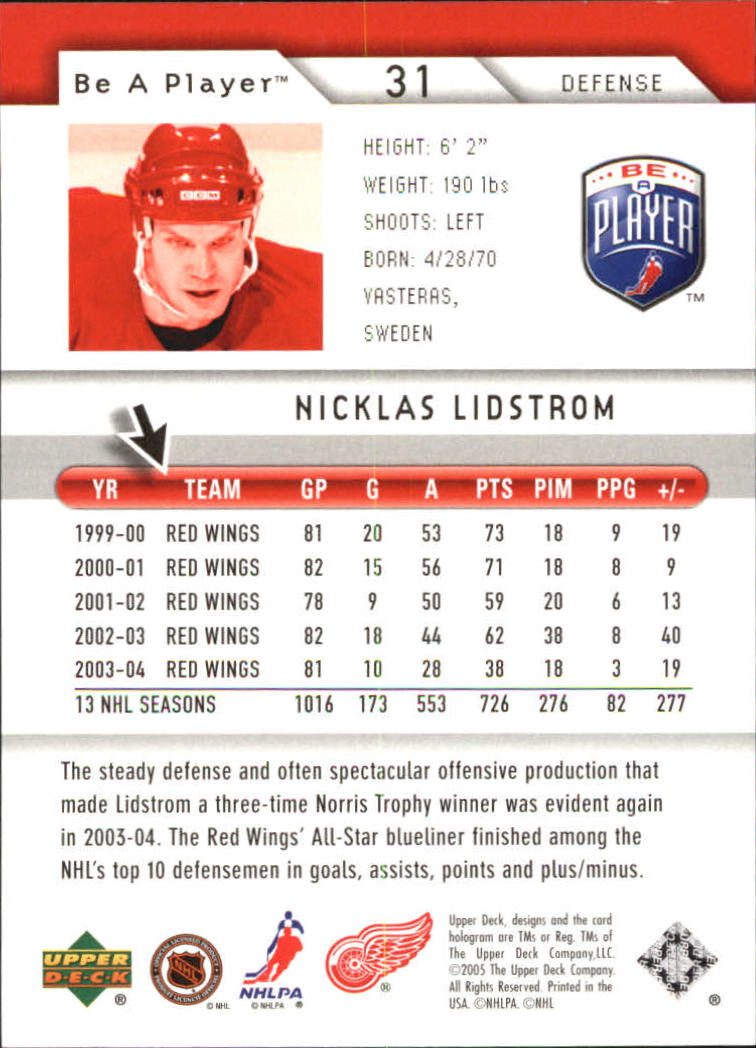 2005-06 Be A Player #31 Nicklas Lidstrom back image