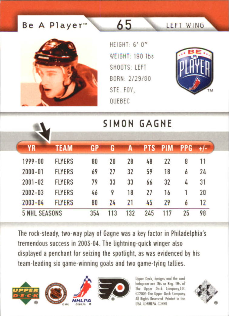 2005-06 Be A Player #65 Simon Gagne back image