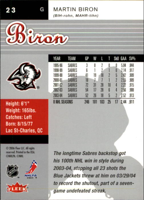 2005-06 Ultra #23 Martin Biron back image
