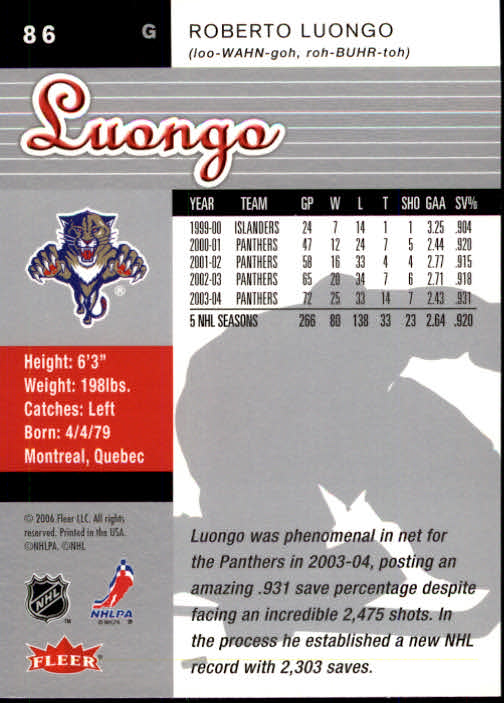 2005-06 Ultra #86 Roberto Luongo back image