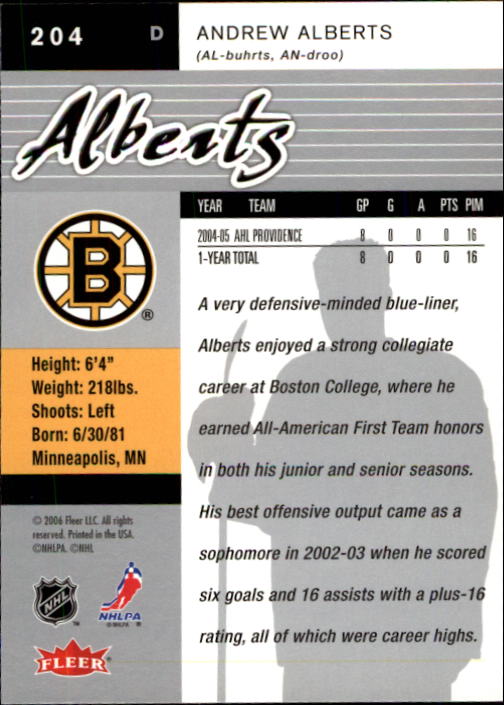 2005-06 Ultra #204 Andrew Alberts RC back image