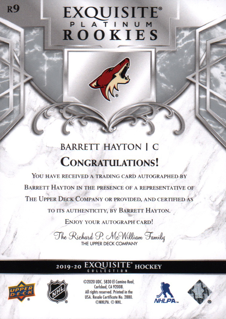 2019-20 Exquisite Collection Platinum Rookie Signatures #R9 Barrett Hayton/199