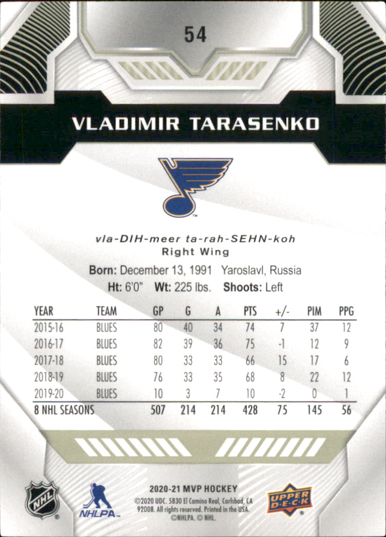 2020-21 Upper Deck MVP #54 Vladimir Tarasenko back image