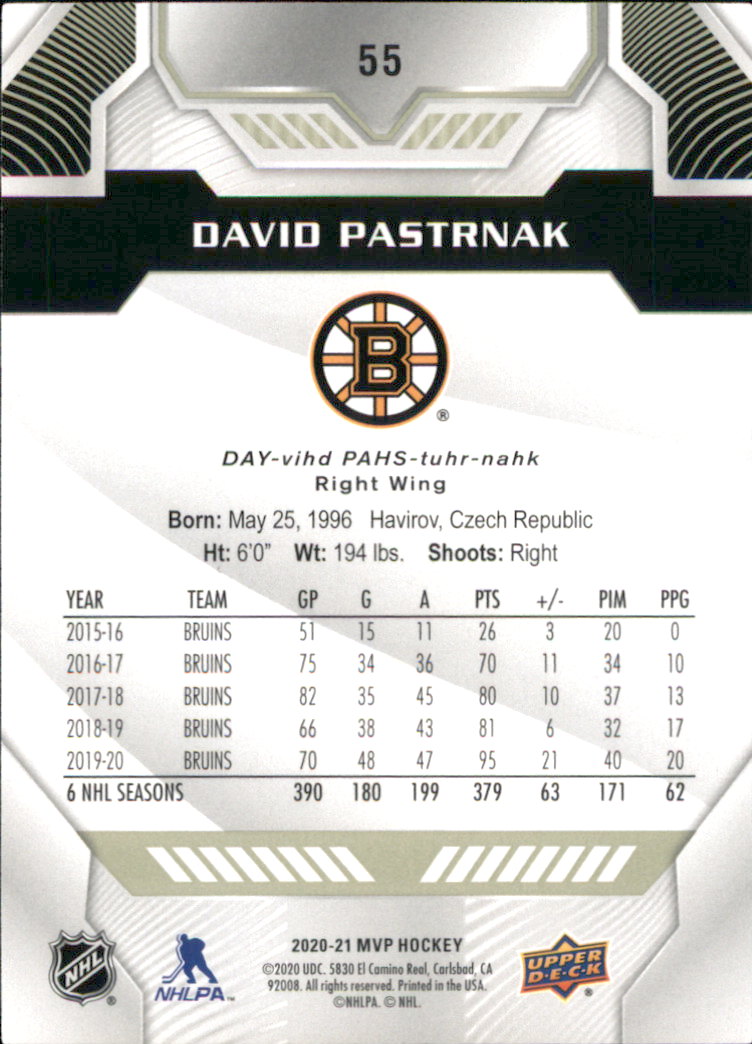 2020-21 Upper Deck MVP #55 David Pastrnak back image