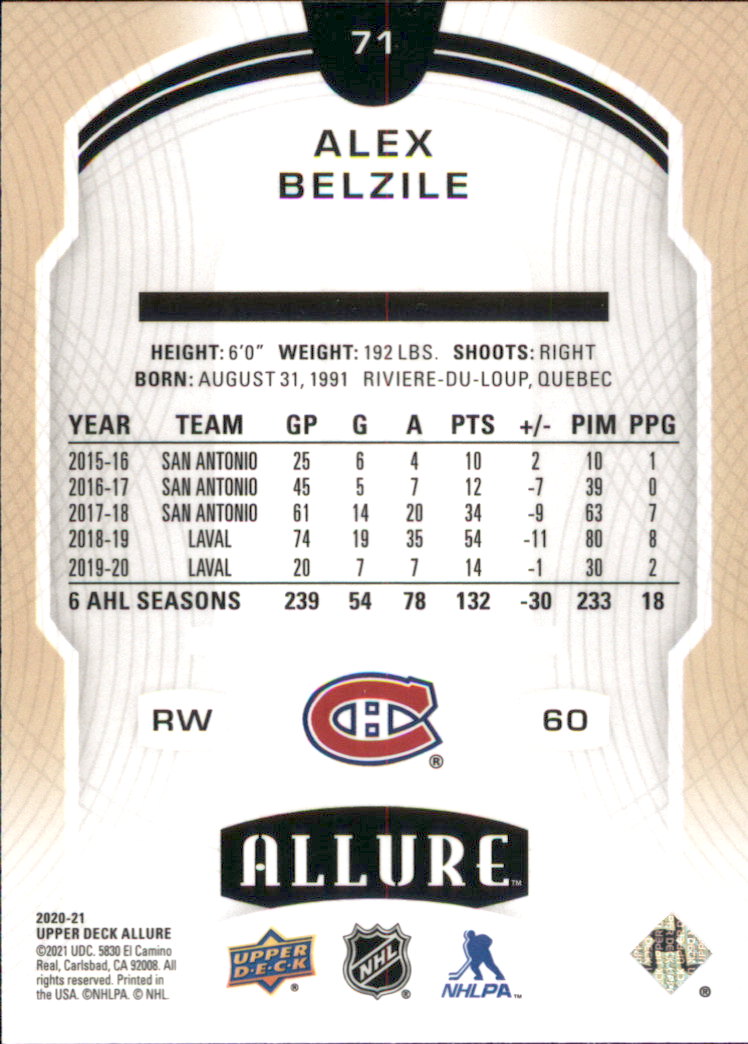 2020-21 Upper Deck Allure #71 Alex Belzile RC back image