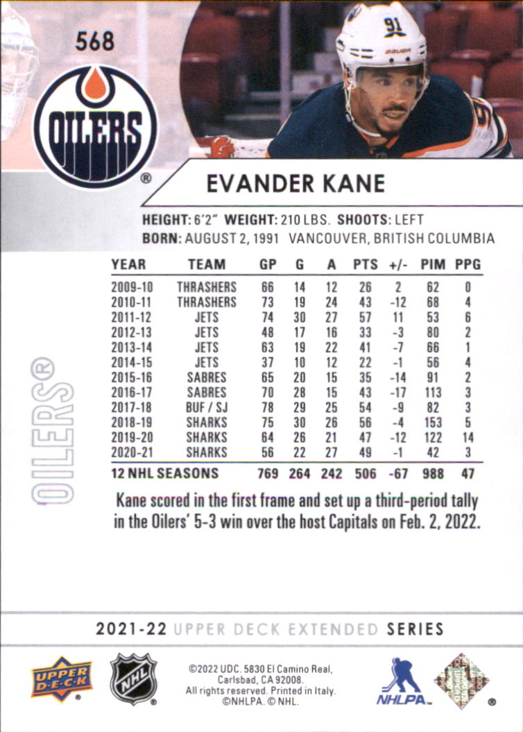 2021-22 Upper Deck #568 Evander Kane back image