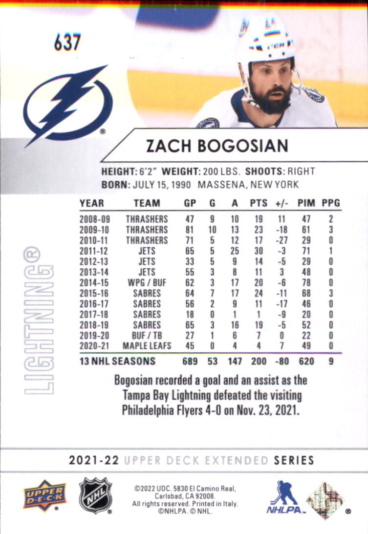 2021-22 Upper Deck #637 Zach Bogosian back image