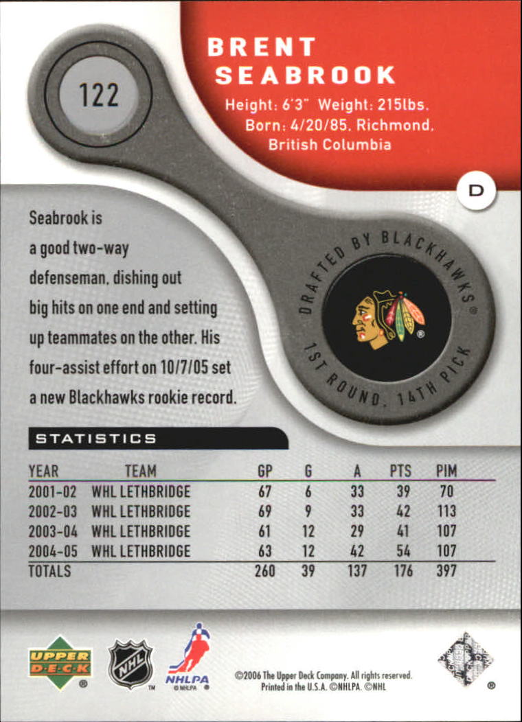 2005-06 SP Game Used #122 Brent Seabrook RC back image