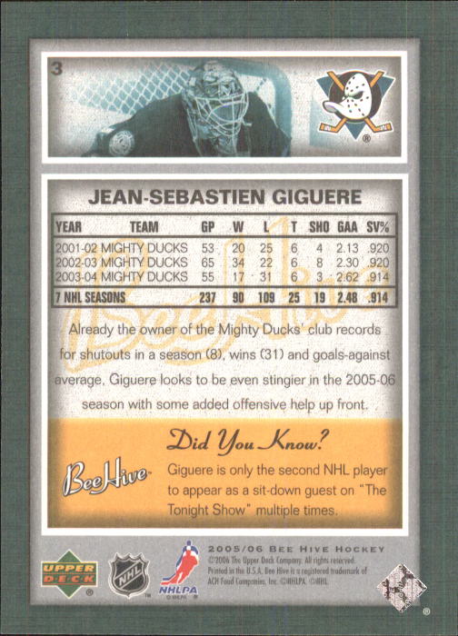 2005-06 Beehive #3 Jean-Sebastien Giguere back image