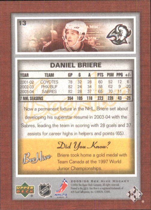 2005-06 Beehive #13 Daniel Briere back image