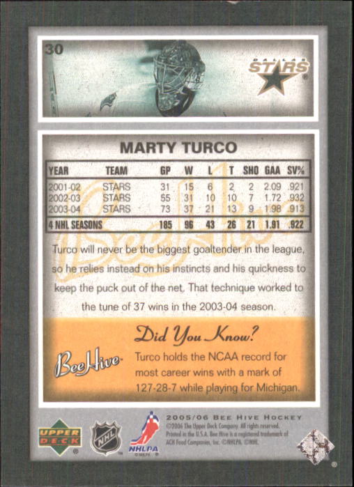 2005-06 Beehive #30 Marty Turco back image