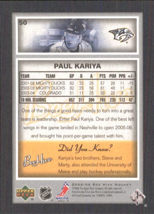 2005-06 Beehive #50 Paul Kariya back image