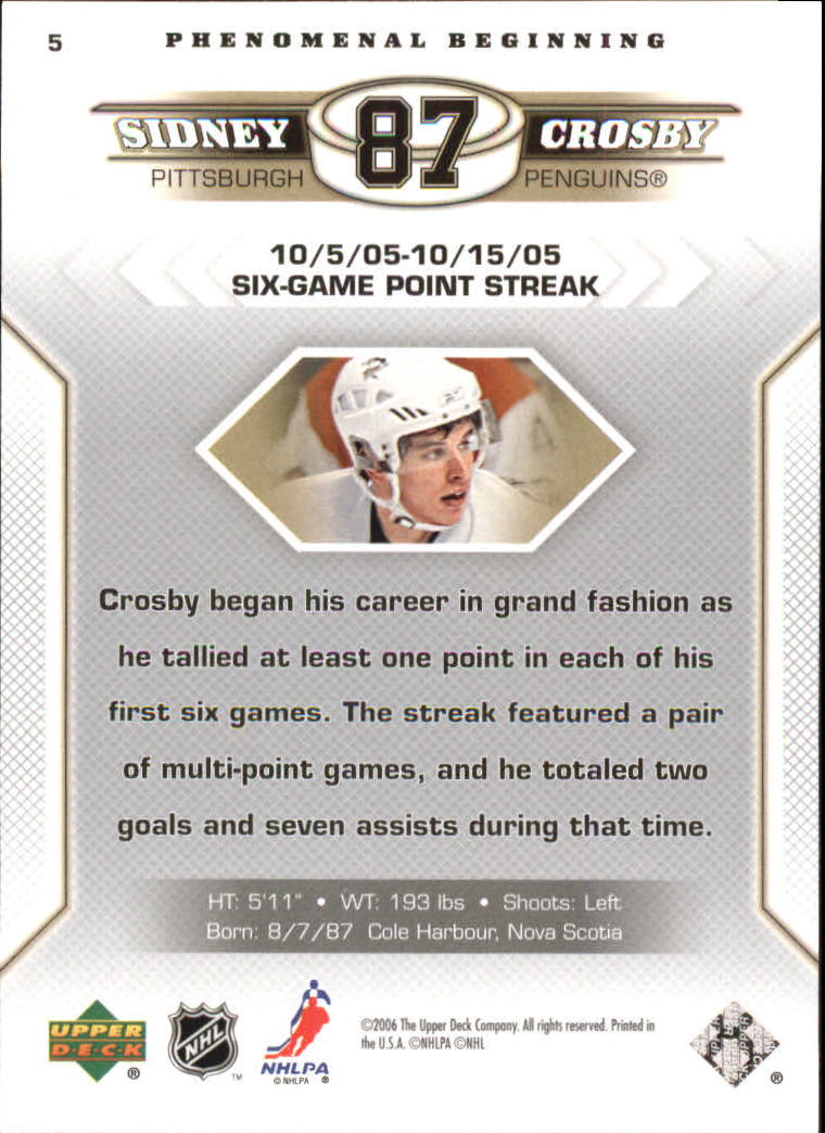 Sidney Crosby 2005-06 Upper Deck Phenomenal Beginnings #17 with Game-Used  Jersey (BCCG 10)
