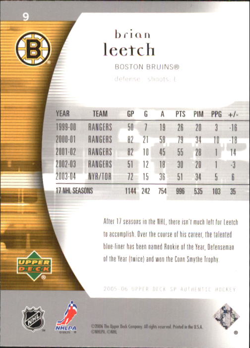 2005-06 SP Authentic #9 Brian Leetch back image