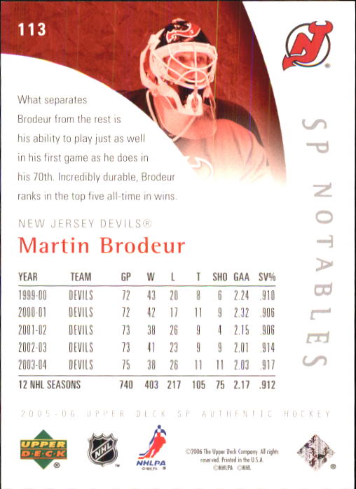 2005-06 SP Authentic #113 Martin Brodeur/999 back image