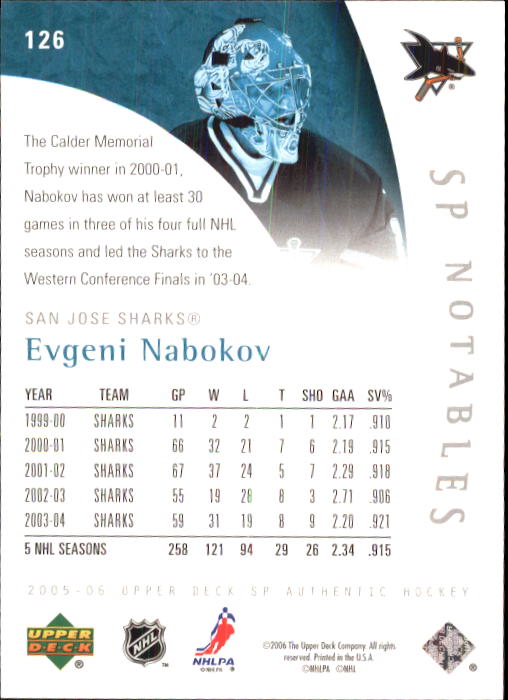 2005-06 SP Authentic #126 Evgeni Nabokov/999 back image