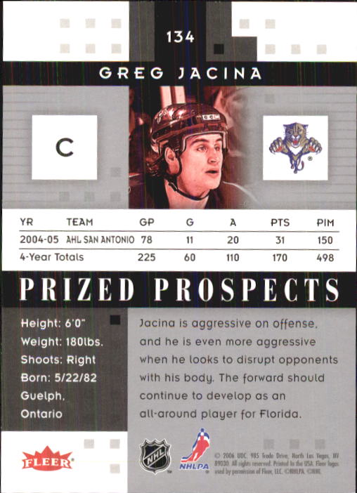 2005-06 Hot Prospects #134 Greg Jacina RC back image