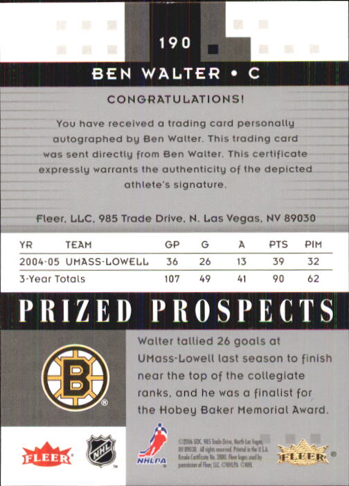 2005-06 Hot Prospects #190 Ben Walter AU RC back image